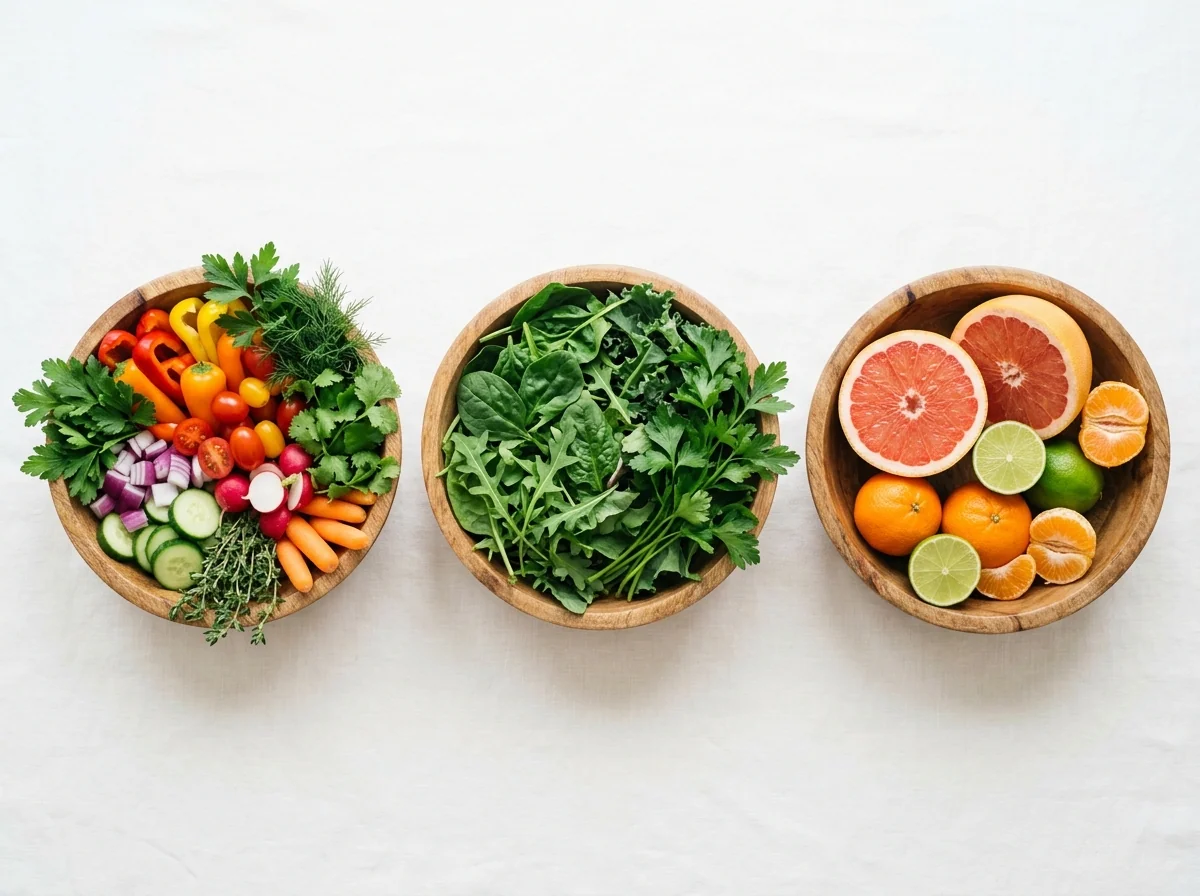 Fresh vegetable and herb ingredient bowls overhead view
