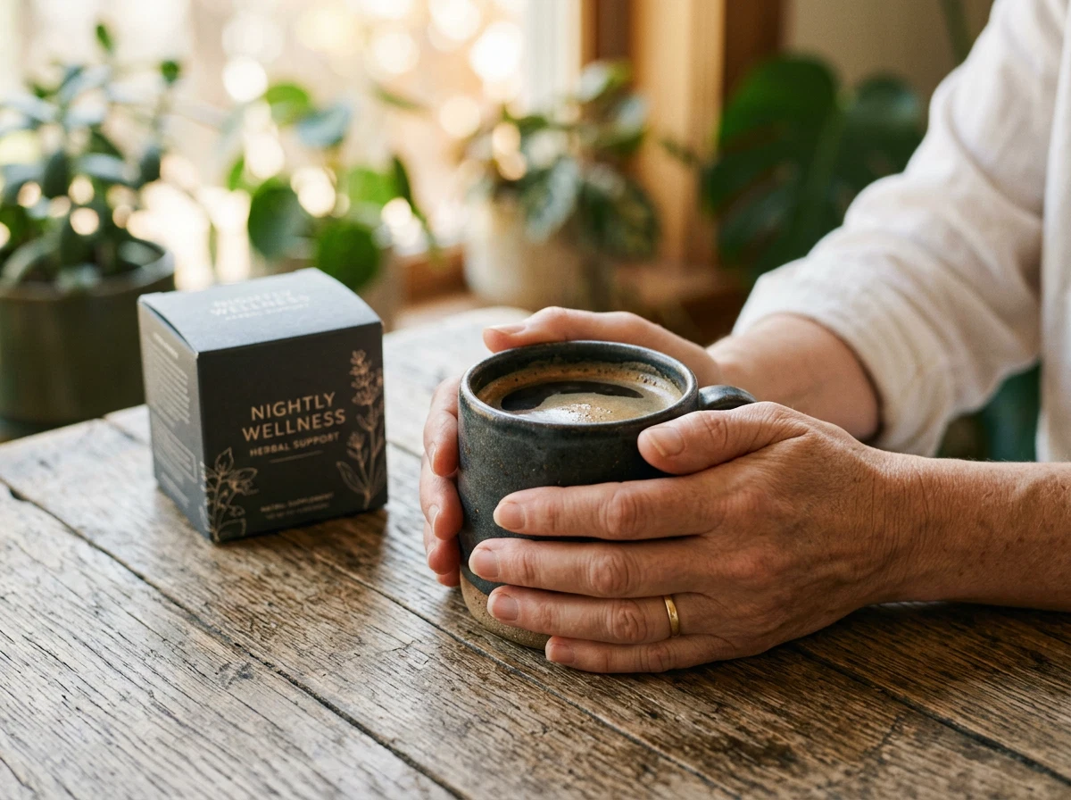 Morning wellness supplement routine with warm coffee mug
