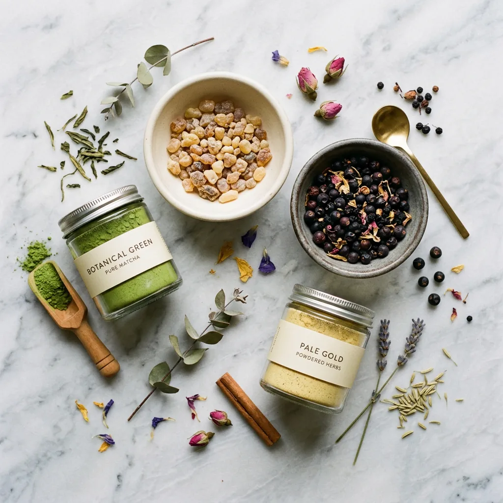 Plant powder and dried botanical ingredients in glass jars on marble surface