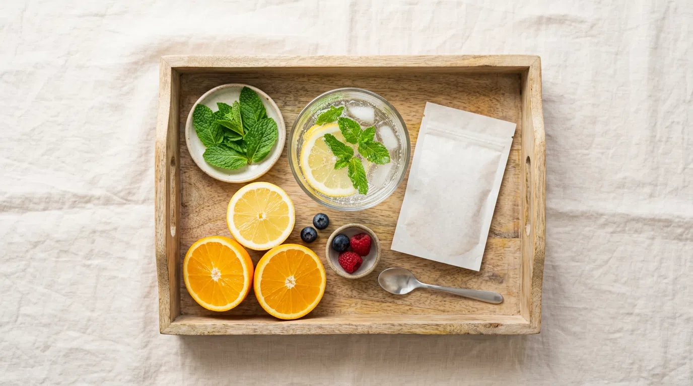 Morning wellness breakfast tray with supplement sachet and fresh citrus